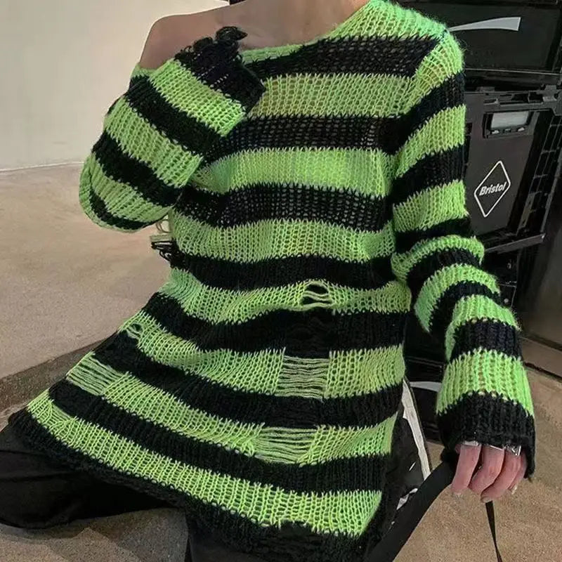 Punk Gothic Long Unisex Sweater Striped Cool Hollow Out Hole Broken Jumper