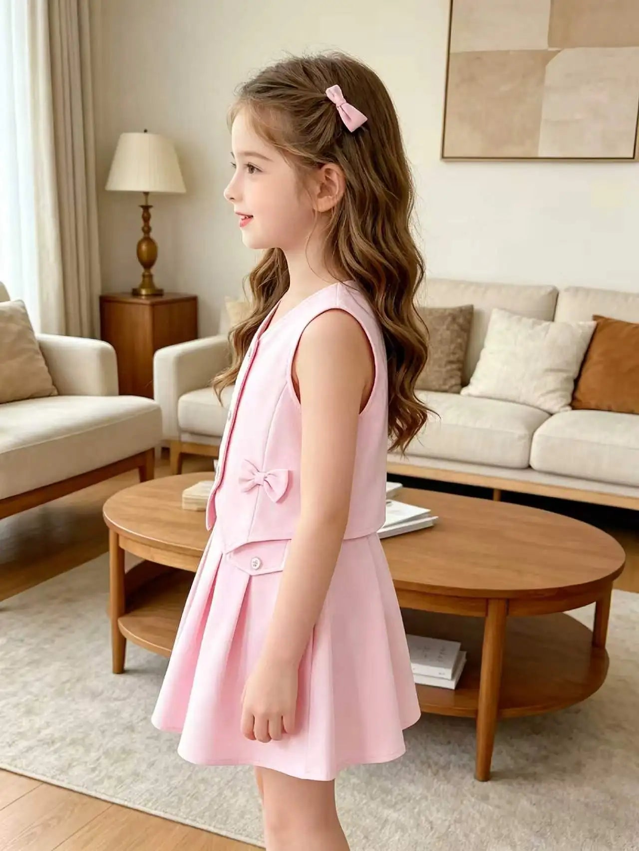 Pink Sleeveless Vest + Pleated Skirt Set