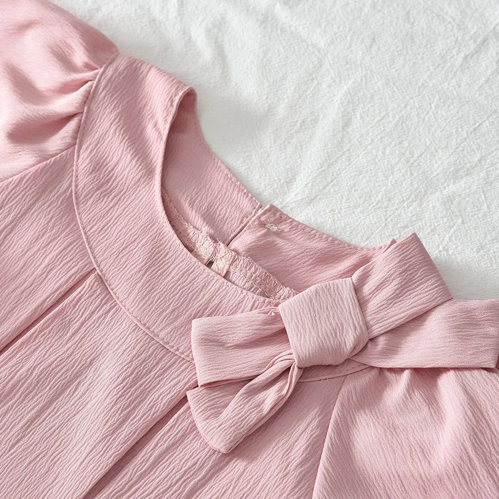 Spring Autumn Sweet Bow Decoration Long Sleeve Loose Casual Dress