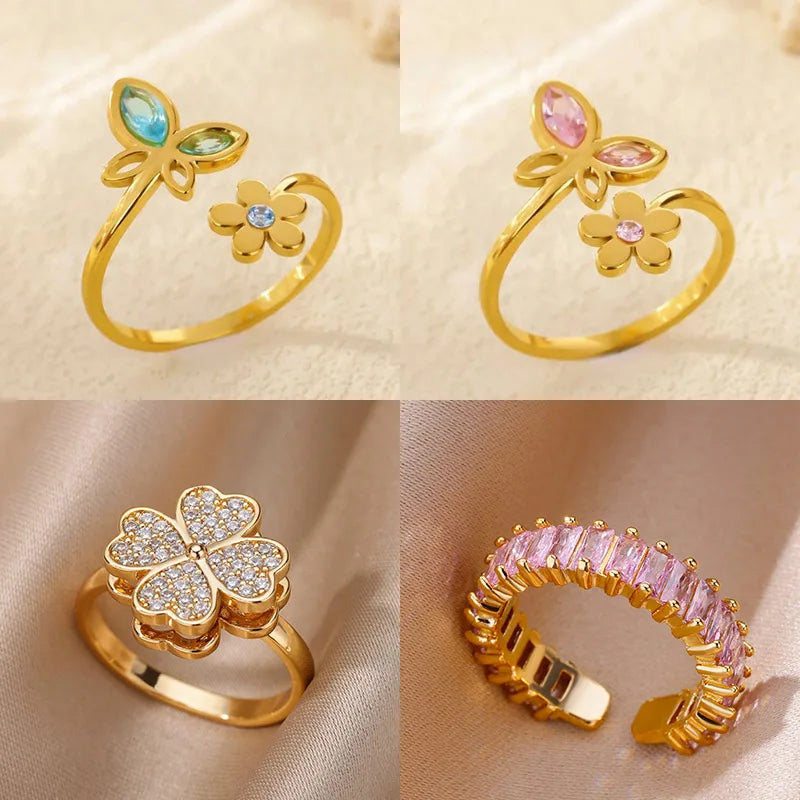 Elegant Zircon Flower Butterfly Rings