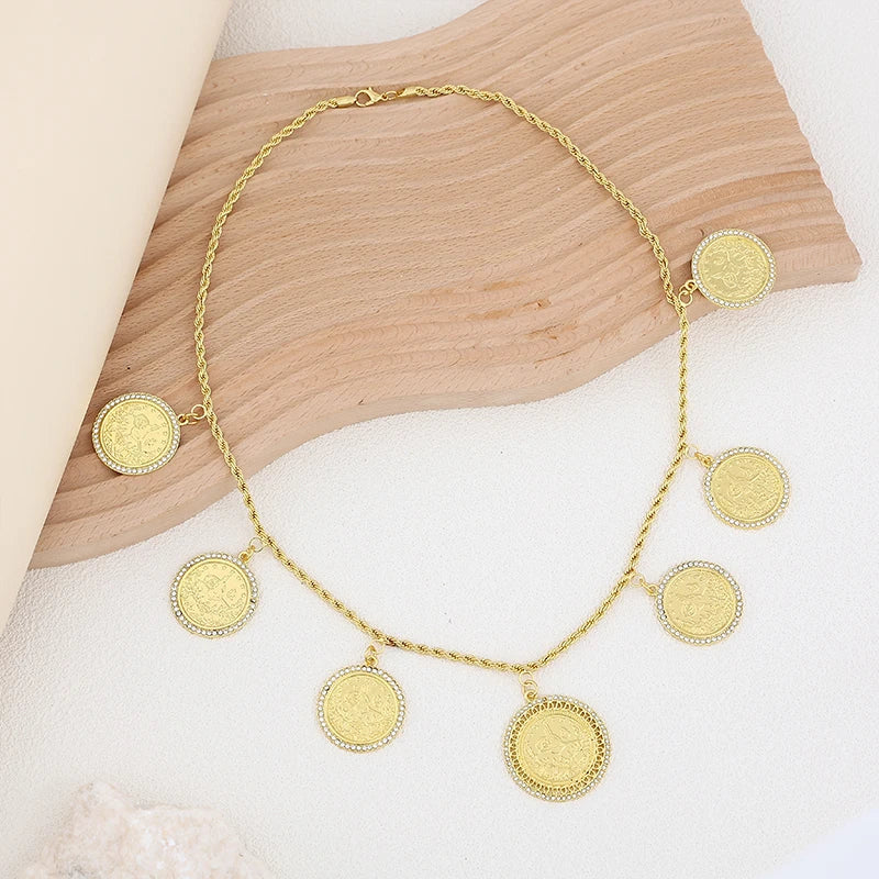 Moroccon Solid Coins Gold Plated With Rhinestone Single Chain Arabic Necklace