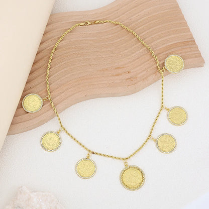 Moroccon Solid Coins Gold Plated With Rhinestone Single Chain Arabic Necklace