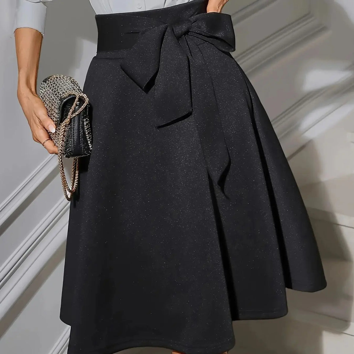 Elegant High Waist Flared Midi Skirt with Bow Belt