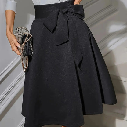 Elegant High Waist Flared Midi Skirt with Bow Belt