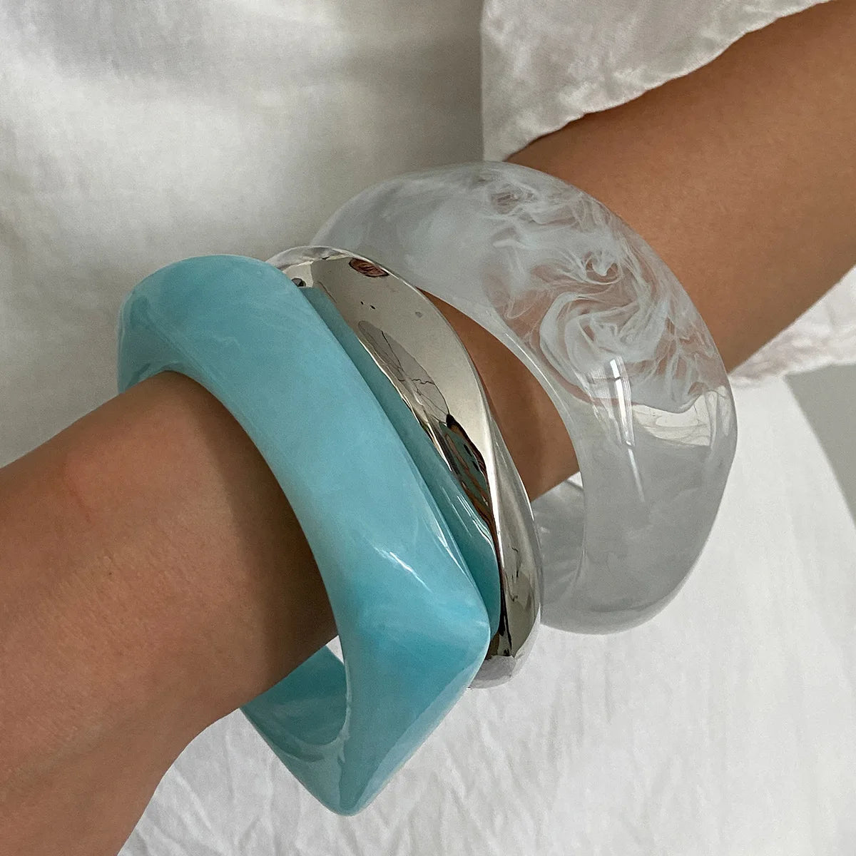 Boho Light Blue Acrylic Resin Chunky Bangles Geometric  Bracelet