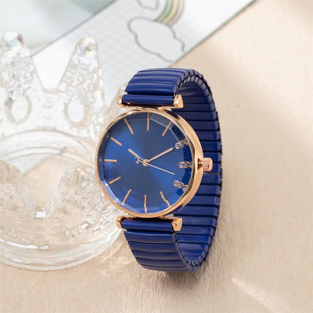 Luxury Treasure Blue Crystal Quartz Casual Stainless Steel Stretch Strap Watch