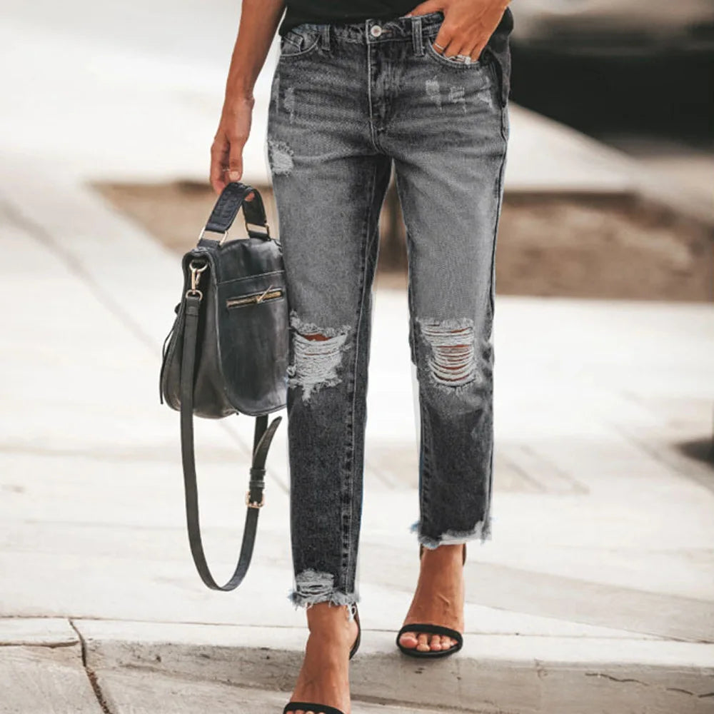 Slim Ripped Denim High-waisted Straight Jeans Pants