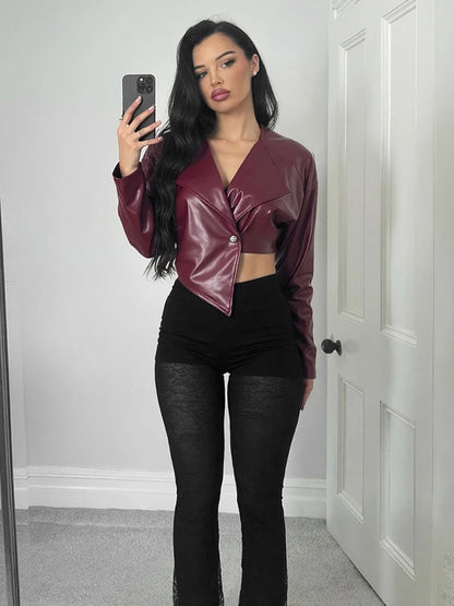 Faux Leather Single Button Crop Cross Neck Full Sleeve Wild Jacket