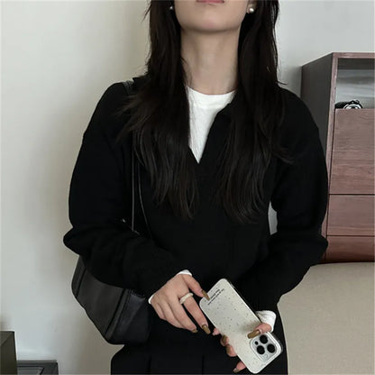 Knitted Long Sleeve Turn Down Collar Knit Sweater Pullover