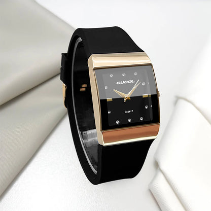 Quartz Rose Gold Square Case Black Silicone Strap Dial Crystal Watch
