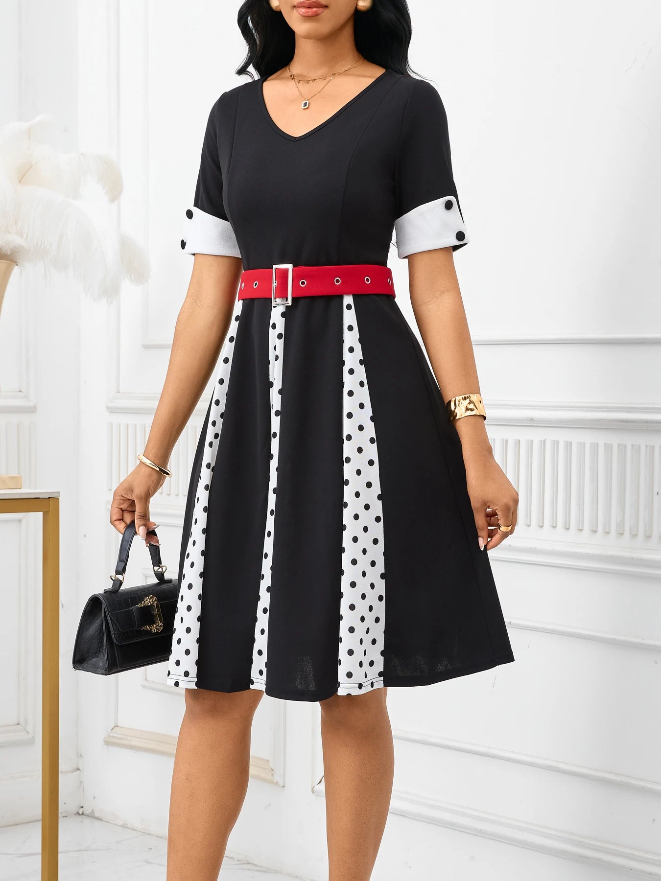 Short Sleeve Vintage 1950s Vintage Polka Dot Flare Skater Swing Dress