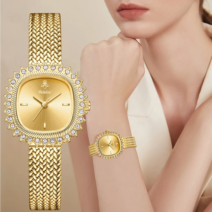 Luxury Sunflower Patterned Bezel Square Quartz Movement Watch