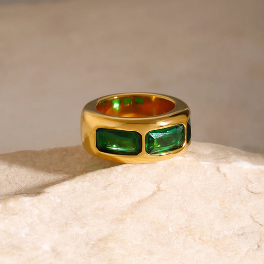 Uworld White Green Cubic Zirconia Stainless Steel Square Waterproof Ring