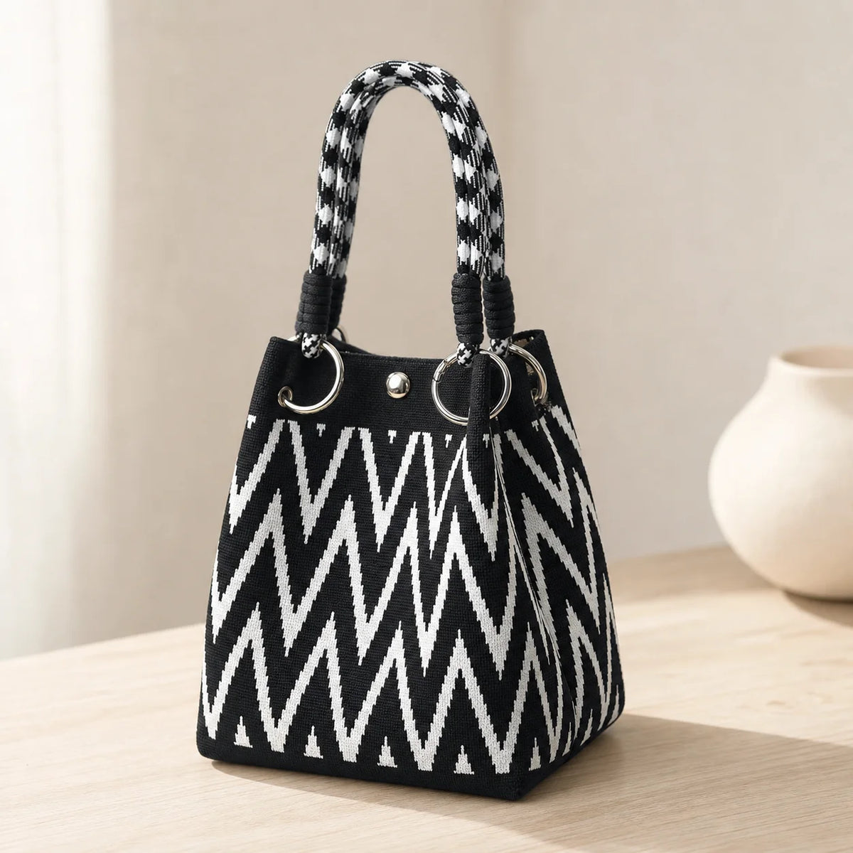 Geometric Mini Tote Black Ivory Graphic Ring Handle Korean Style Bags