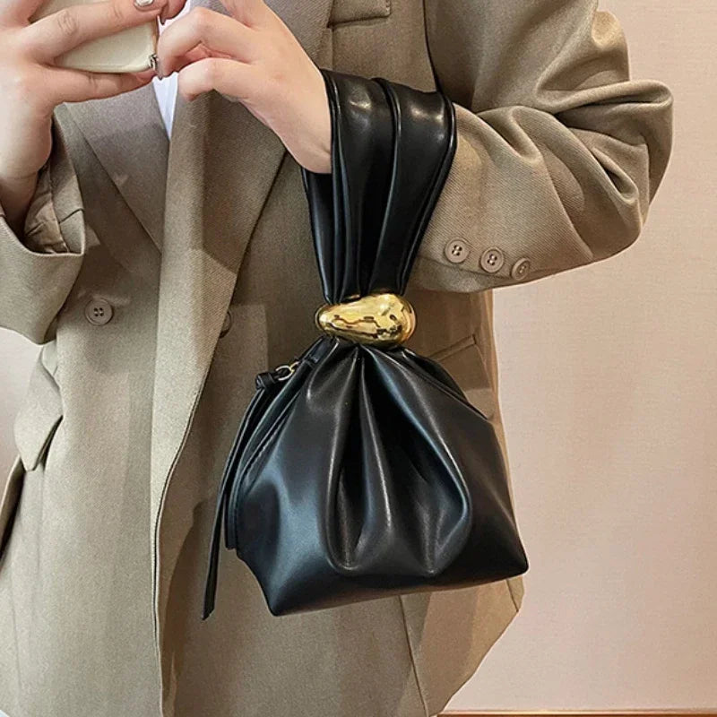 Soft Leather Clutch Luxury Pleated Mini Bucket Pouch Bags
