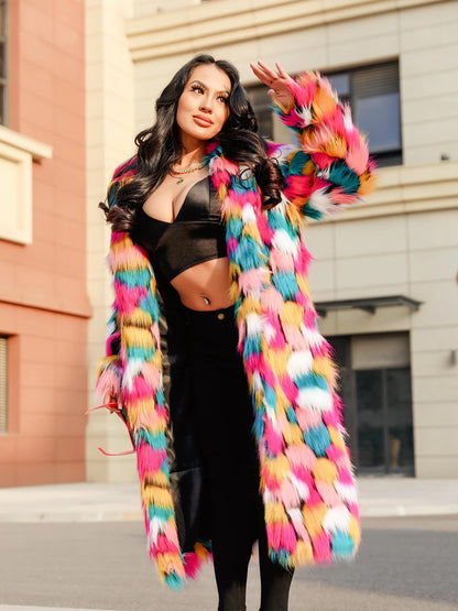 Elegant Faux Fur Rainbow Long Artificial Turf Coat