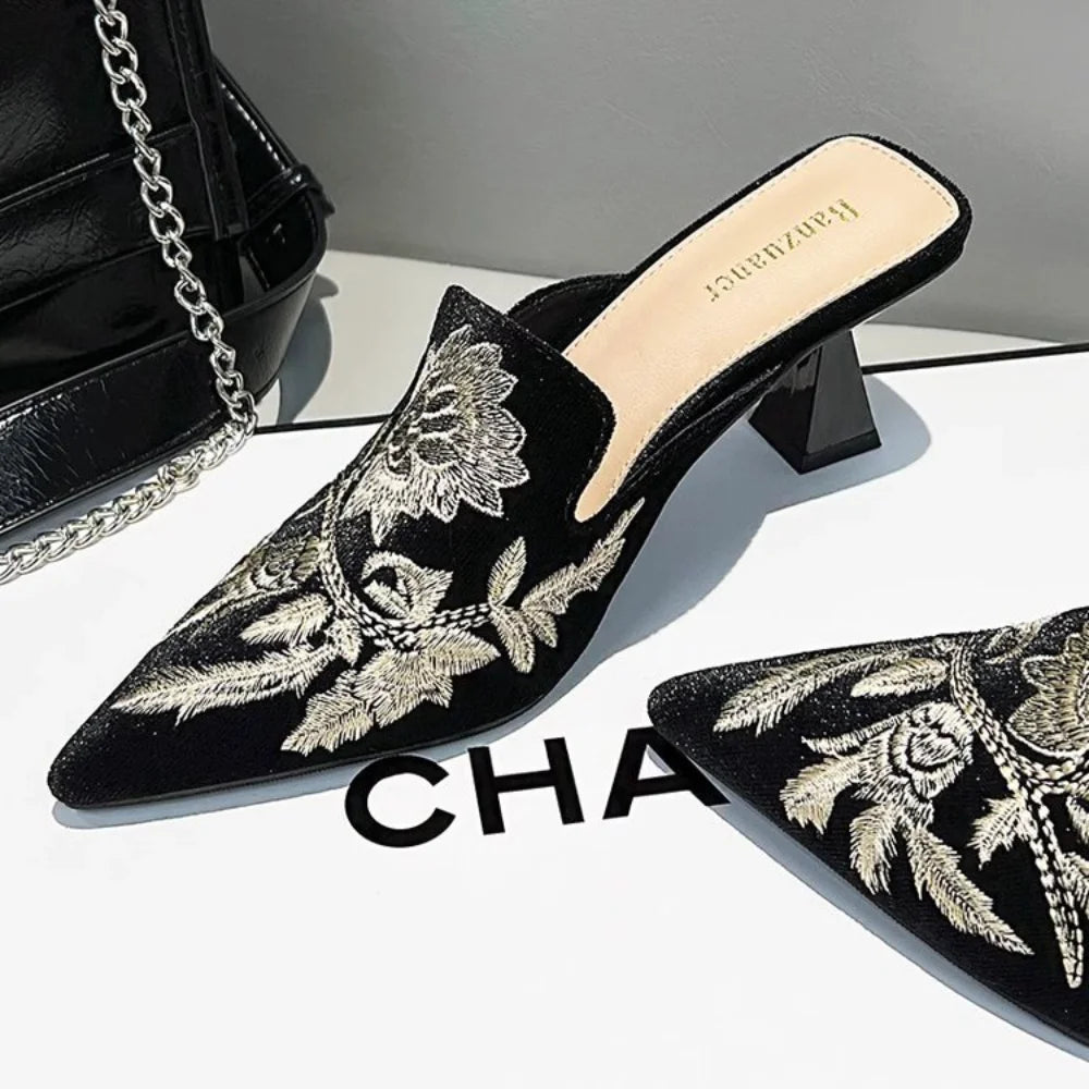 Elegant Velvet Mule Heels Pointed Toe Cone Heel Shoes