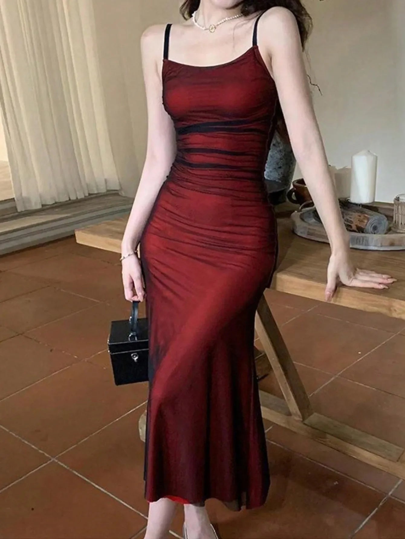 Elegant Red off Shoulder Sleeveless Slim fit Long Dress