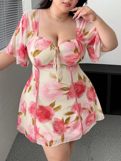 Plus Size Romantic Floral Ruffle Sleeve Dress