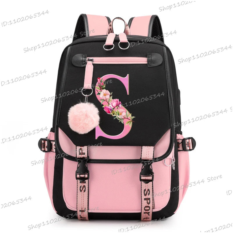 Black Pink Backpacks 26 Initials Flower A-Z Alphabet Large Capacity Students Bookbag