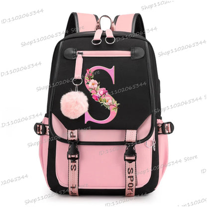 Black Pink Backpacks 26 Initials Flower A-Z Alphabet Large Capacity Students Bookbag