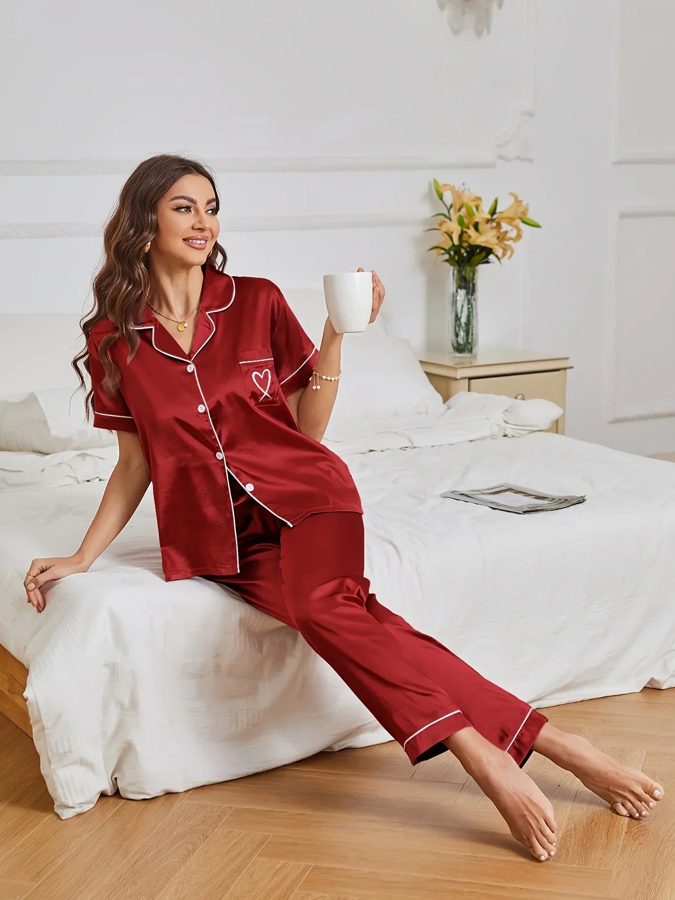 Heart Satin Short Sleeve Pyjama Set