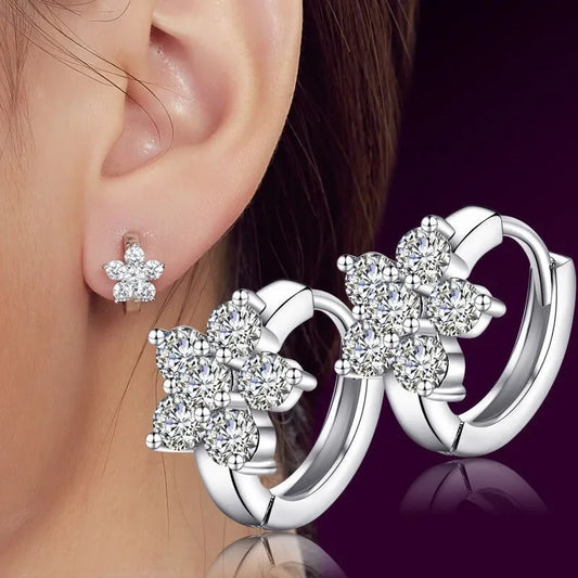 925 Sterling Silver Snowflake Zircon Hoop Earrings