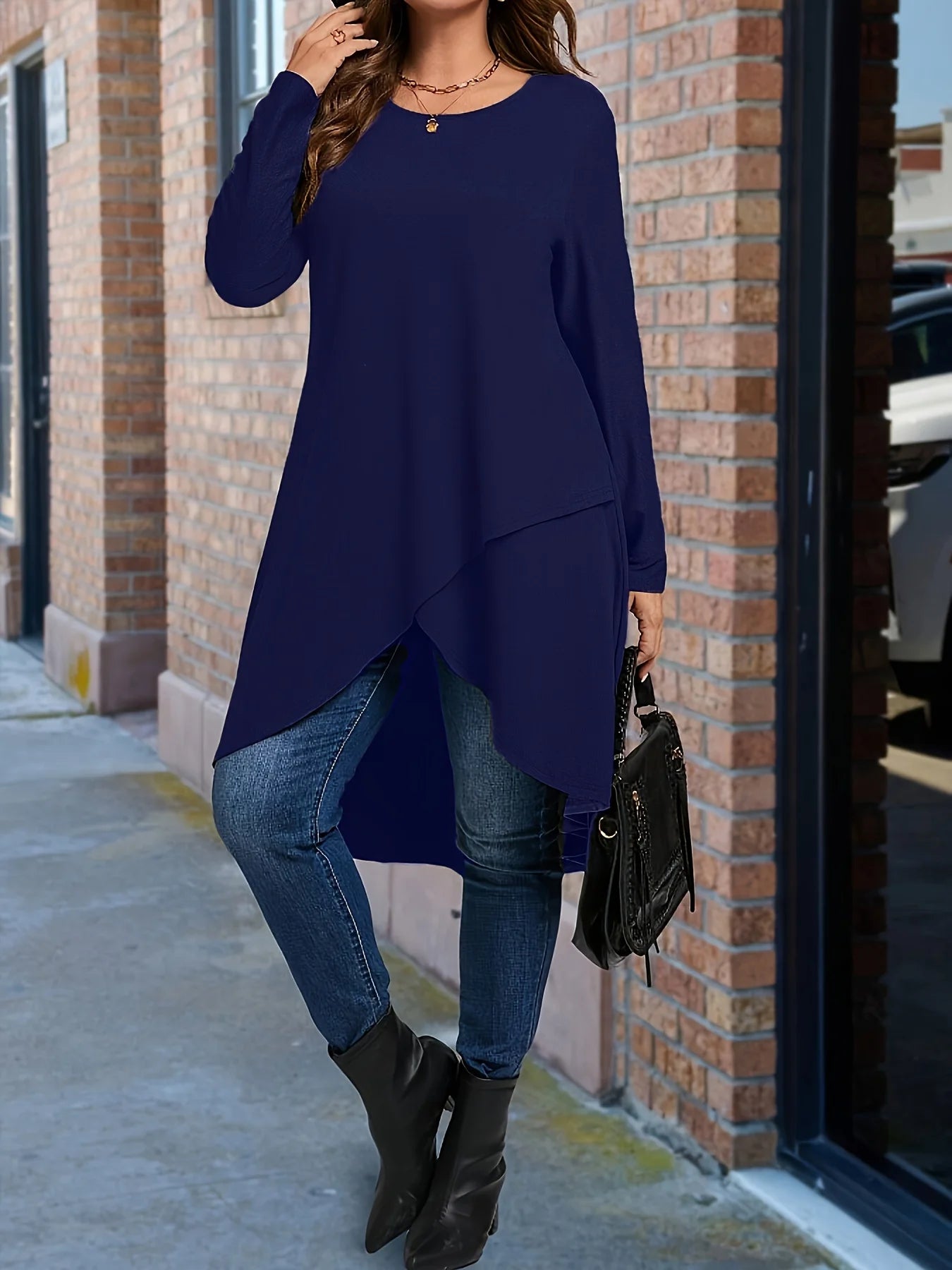 Plus Size Long Sleeve Elegant Crew Neck Asymmetrical Dipped T-shirt