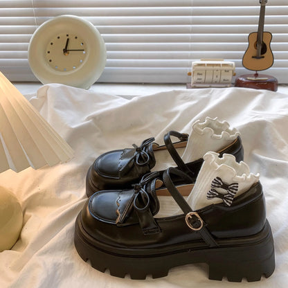 Black Leather Mary Janes Bow Thick Sole Casual Toddler Shoes
