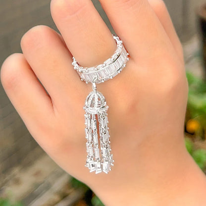 ThreeGraces Cubic Zirconia Long Tassel Charms Elegant Rings
