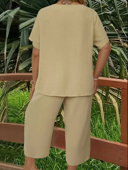Plus size casual elegant short-sleeved top and wide-leg pants