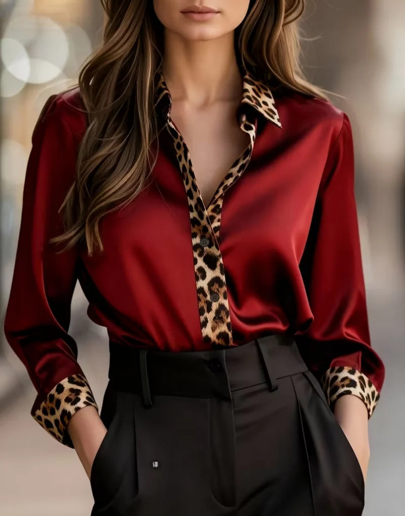 Elegant Long Sleeve Leopard Collar Shirt