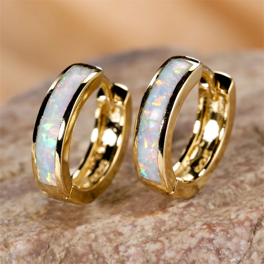 White Blue Opal Classic Small Round Circle Hoop Earrings