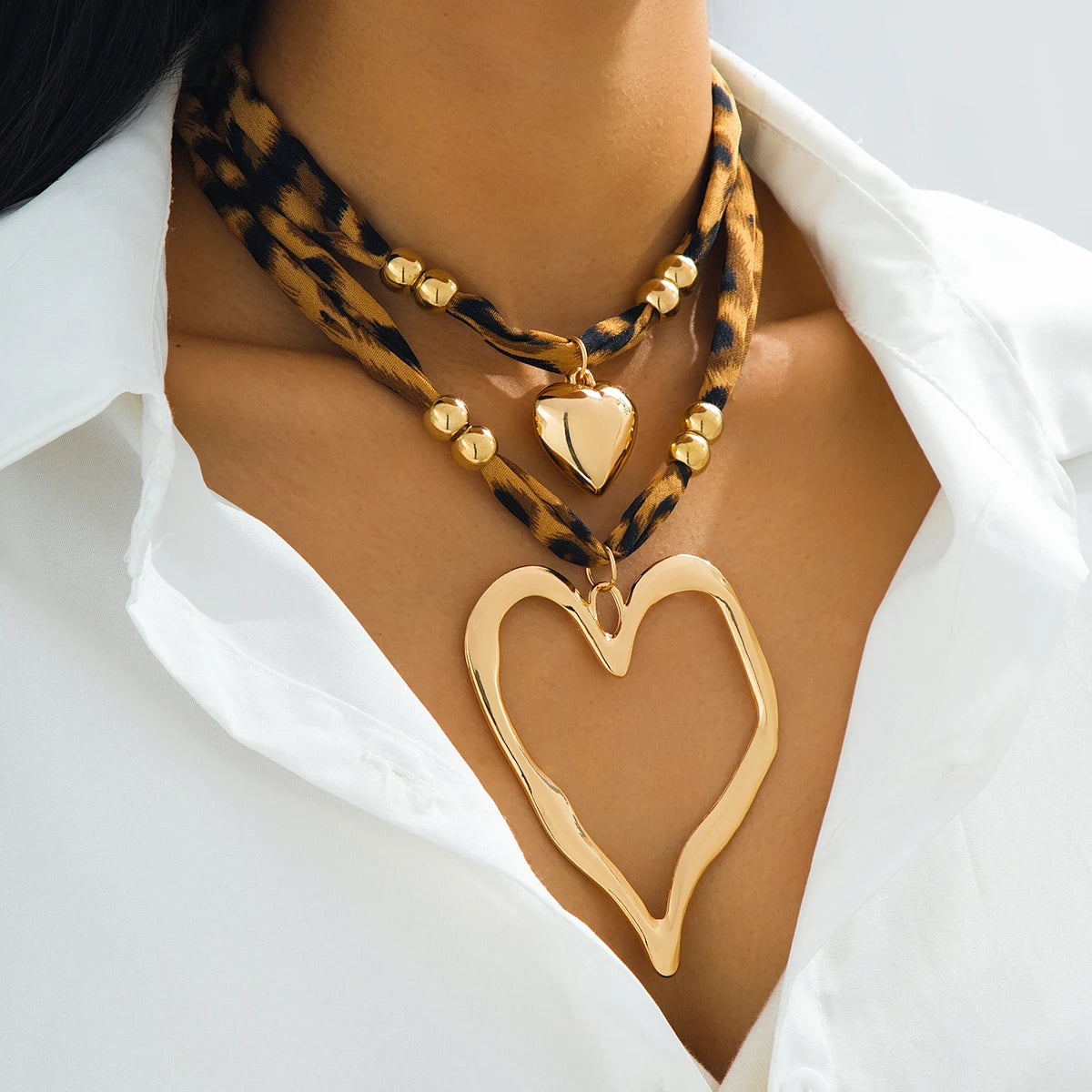 Layered Leopard Print Heart Choker Necklace Set