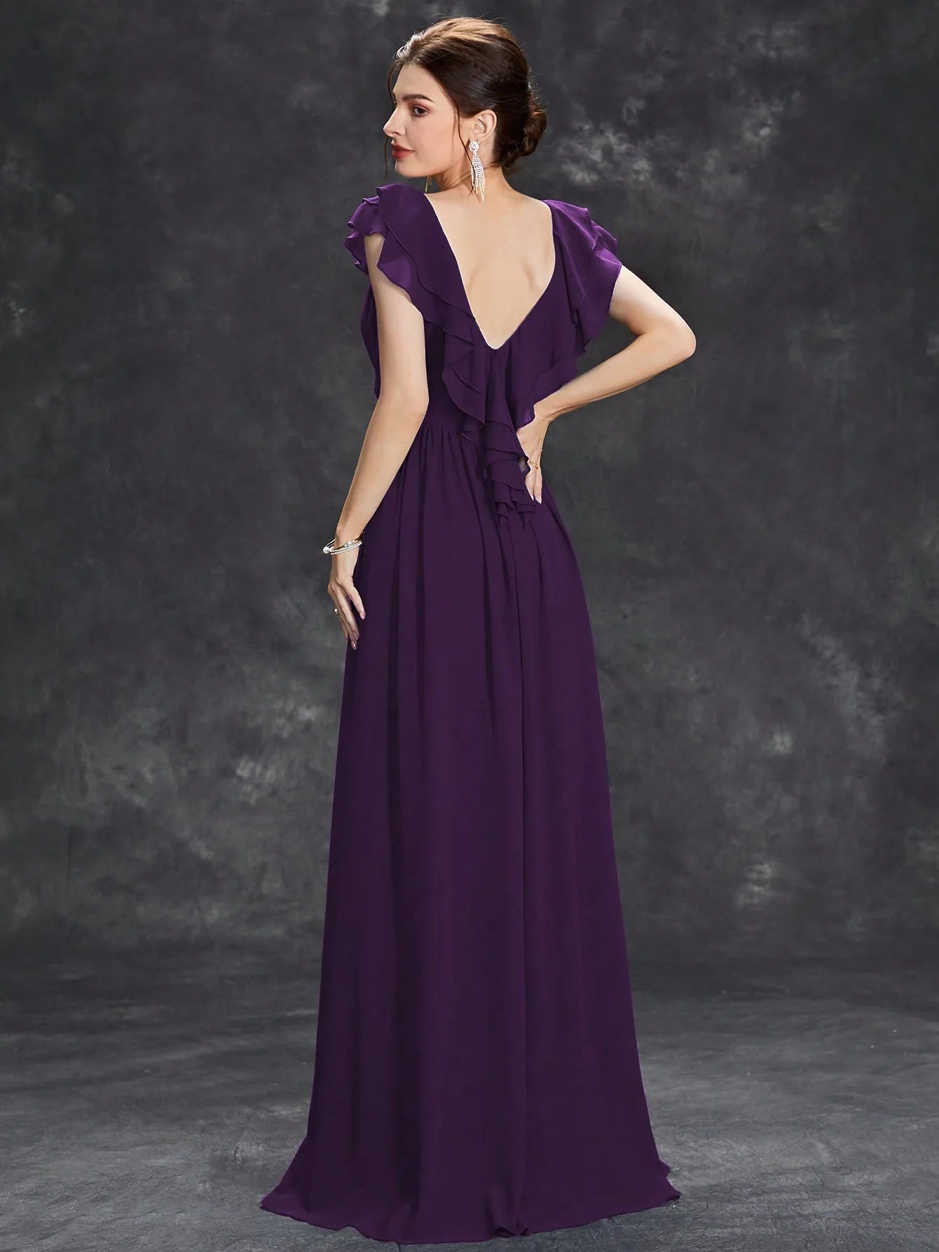 Mgiacy V-neck cap sleeve ruffle lace Extra long evening gown Ball dress