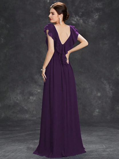 Mgiacy V-neck cap sleeve ruffle lace Extra long evening gown Ball dress