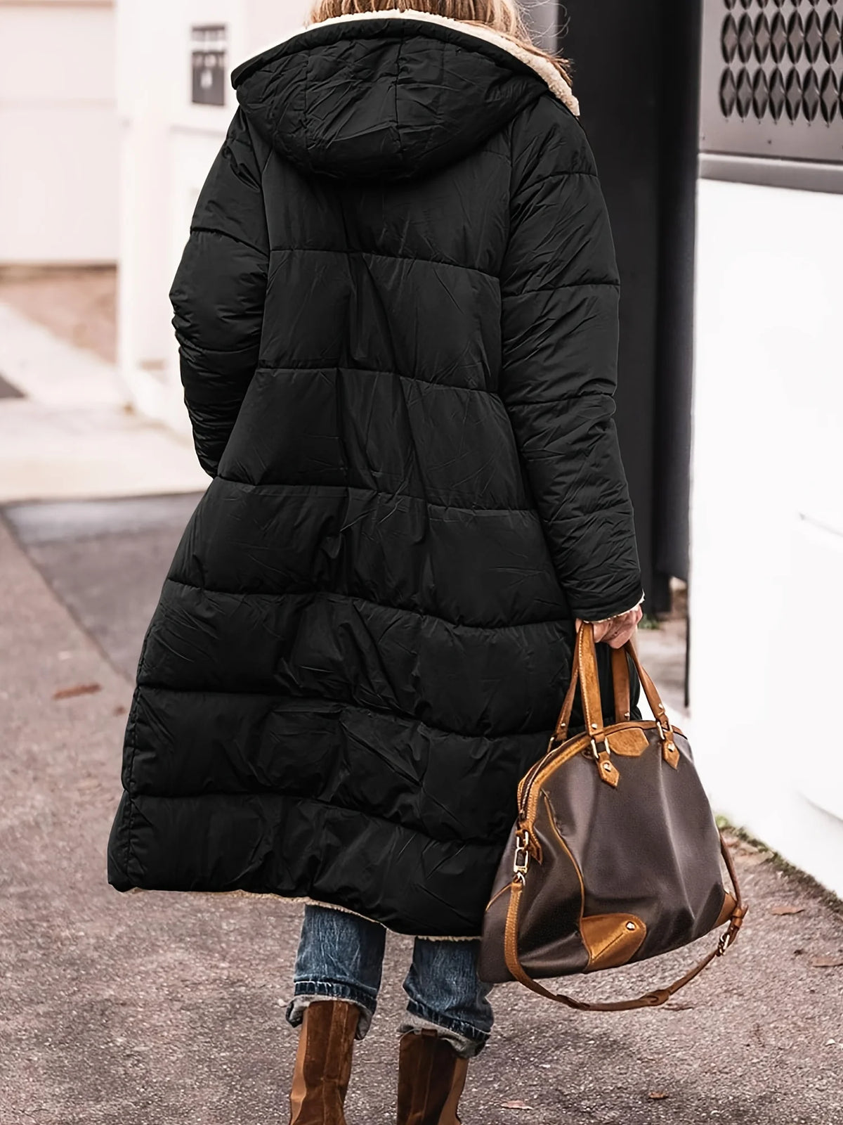 Warm Reversible Hooded Long Puffer Coat Fleece Lined Zip Up Winter Parka