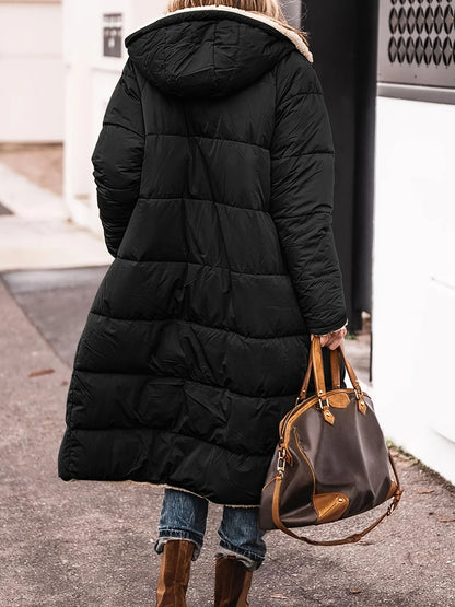 Warm Reversible Hooded Long Puffer Coat Fleece Lined Zip Up Winter Parka