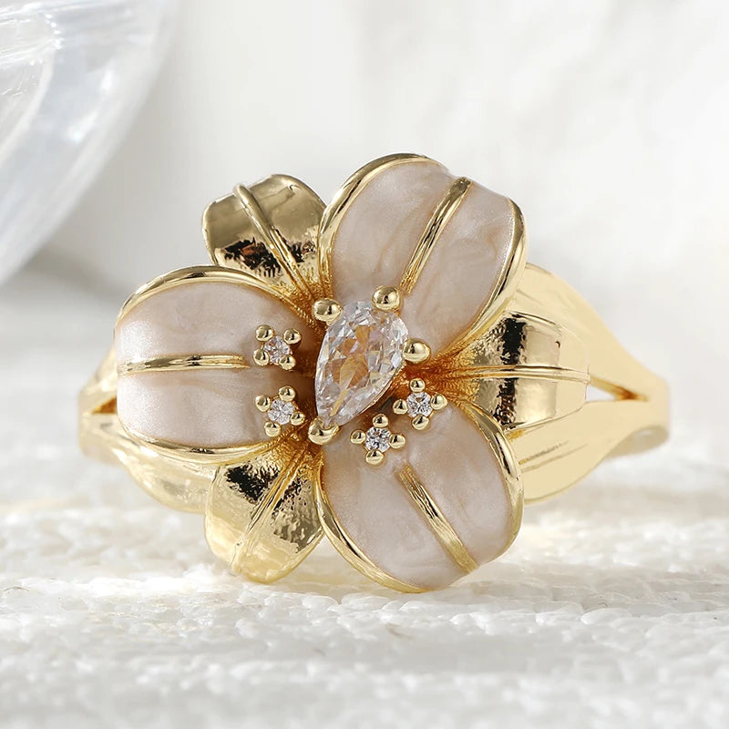 Aesthetic Inlaid White CZ Enamel Flower Ring