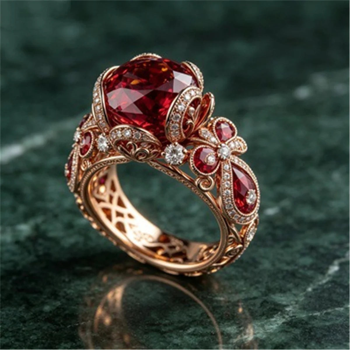 Small Exquisite Flower Charm Elegant Red Zircon Stone Ring