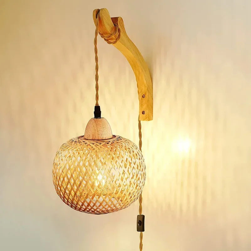 Bamboo Lantern Wall Lamp Natural Rattan Wicker Wall Light
