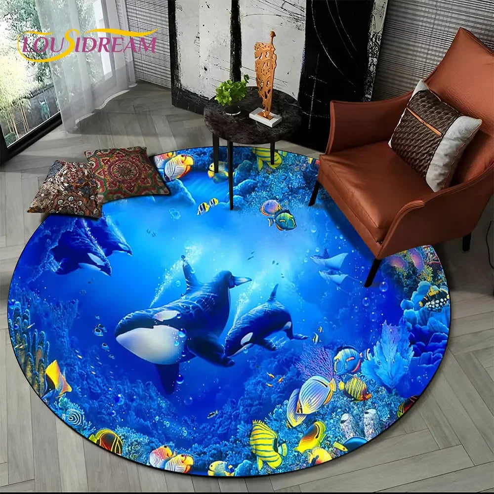 3D Seabed Illusion Underwater World Dolphin Round Area Rug