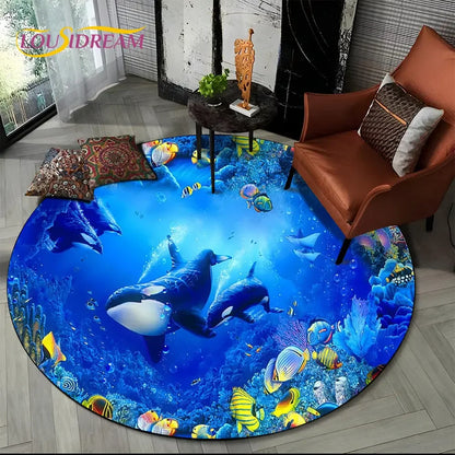 3D Seabed Illusion Underwater World Dolphin Round Area Rug