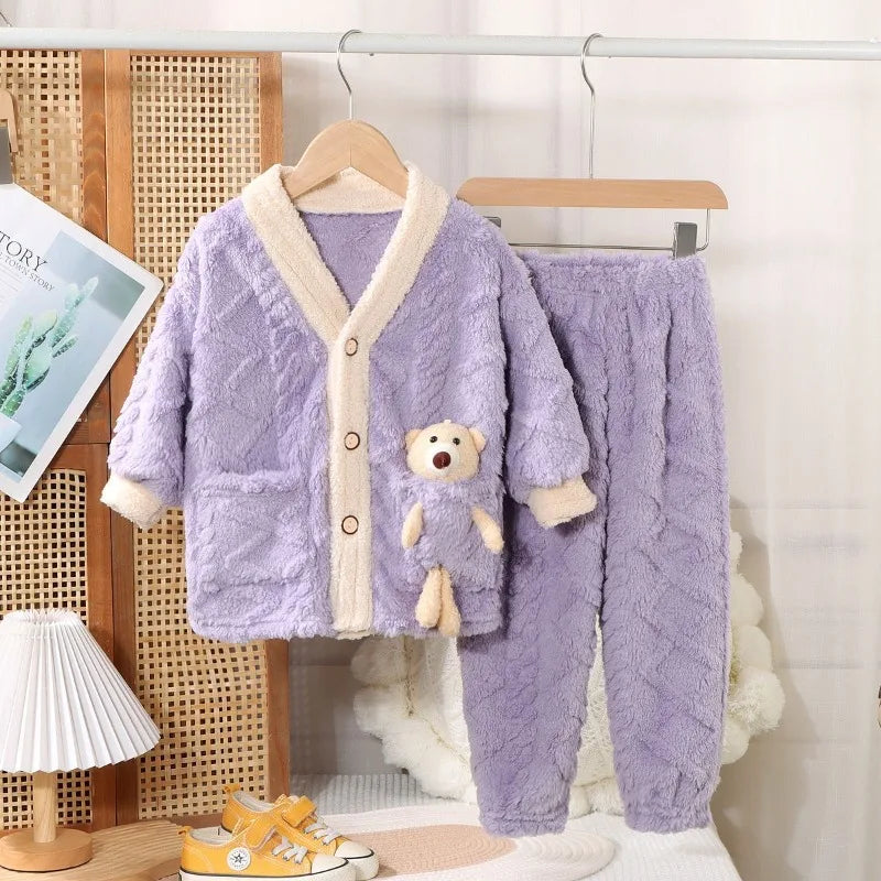 Fleece Thickened Coral Thermal Medium and Older Pajama Set