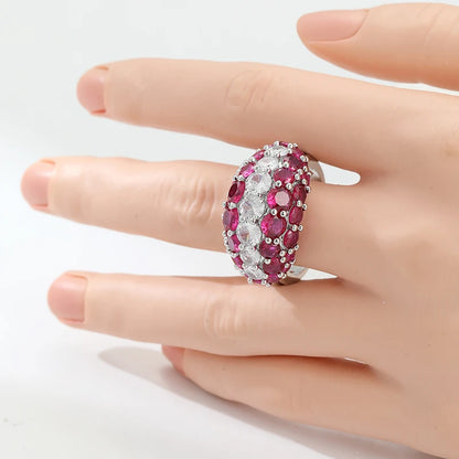 Luxury Inlaid White Red CZ Sparkling Silver Geometry Rings