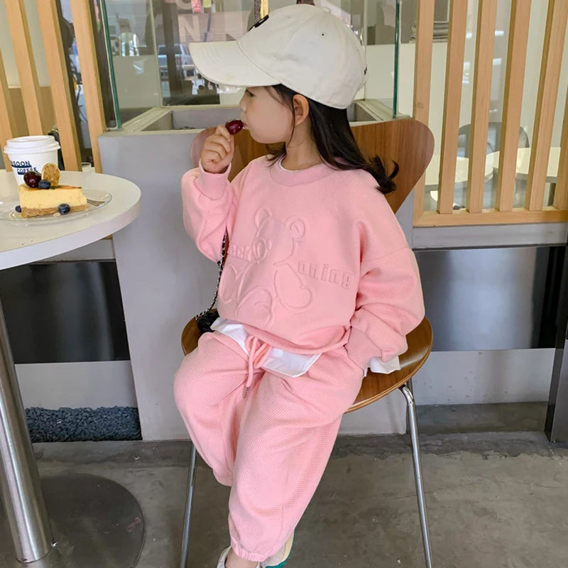 3-8 Years Casual Spring Autumn Cartoon Bear Print Long Sleeved Outfit Set