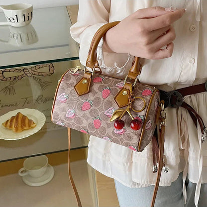 Crossbody Cherry Pattern PU Leather Boston Handbag Shoulder Bags
