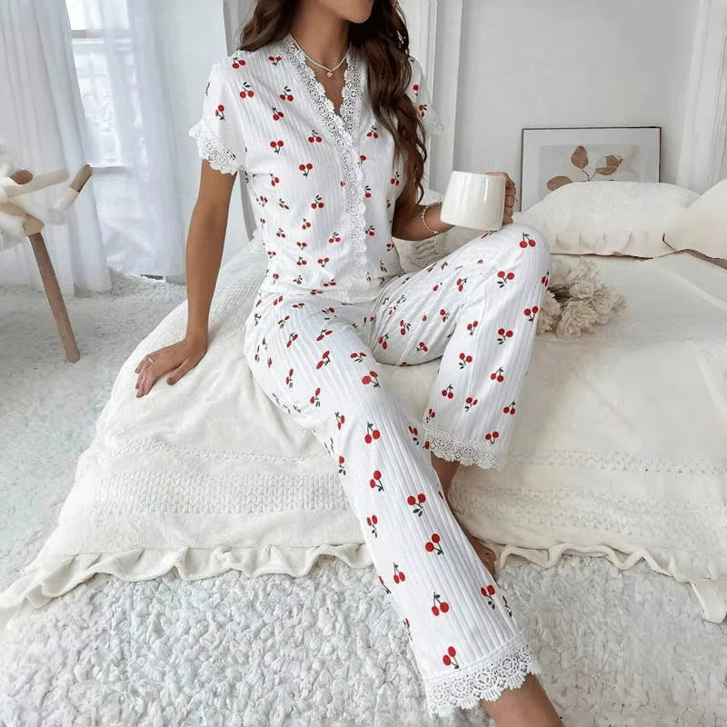 Lace Short Sleeve Cherry Sleepwear Pajama Set