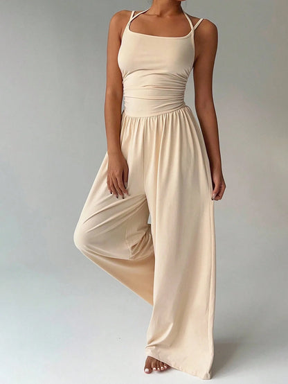 Halter Spaghetti Strap Casual Elastic High Waist Backless Wide Leg Jumpsuits