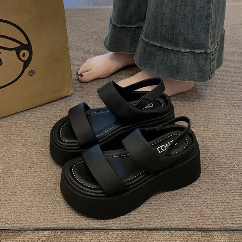 Chunky 8CM High Heels Leather Thick Bottom Flip Flops
